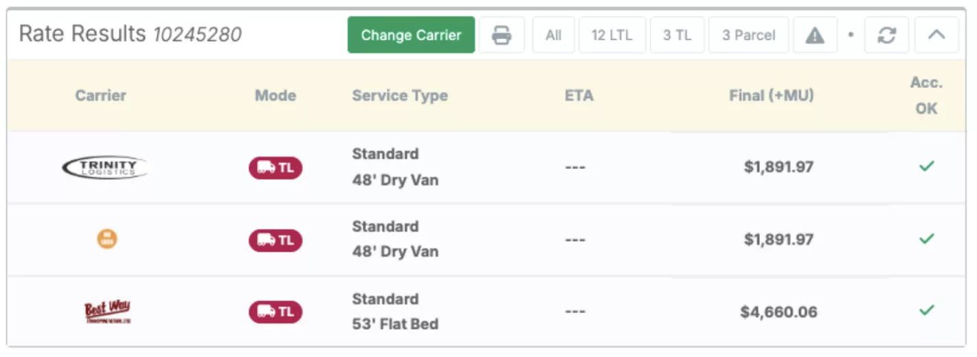 Truckload Rating Capabilities